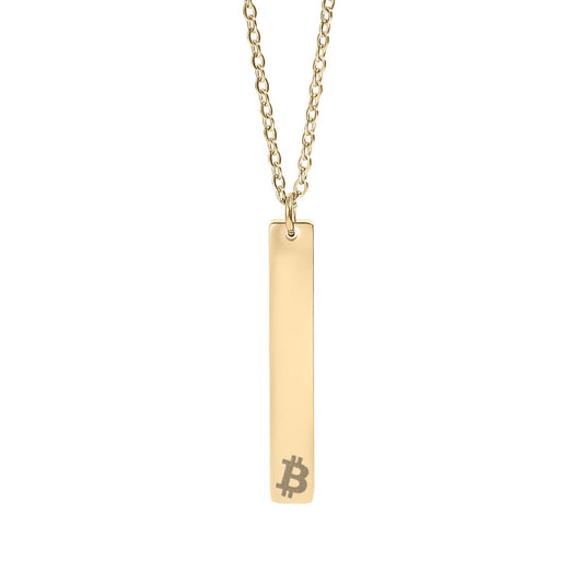 Gold necklace with a vertical pendant featuring the Bitcoin symbol on a white background