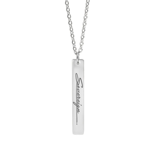 Silver necklace with a bar sovereign pendant on a white background