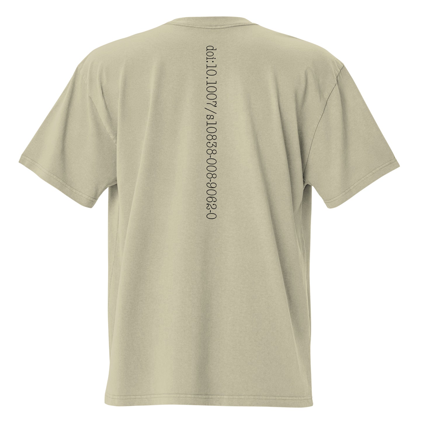 Beige t-shirt with Bitcoin whitepaper doi text on the back on a white background