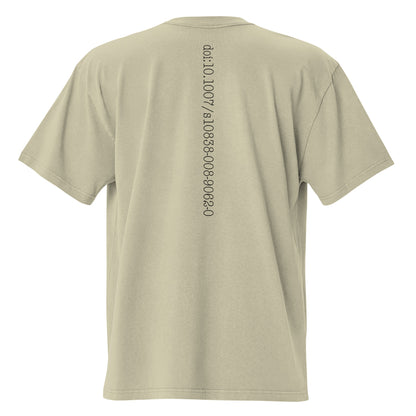 Beige t-shirt with Bitcoin whitepaper doi text on the back on a white background