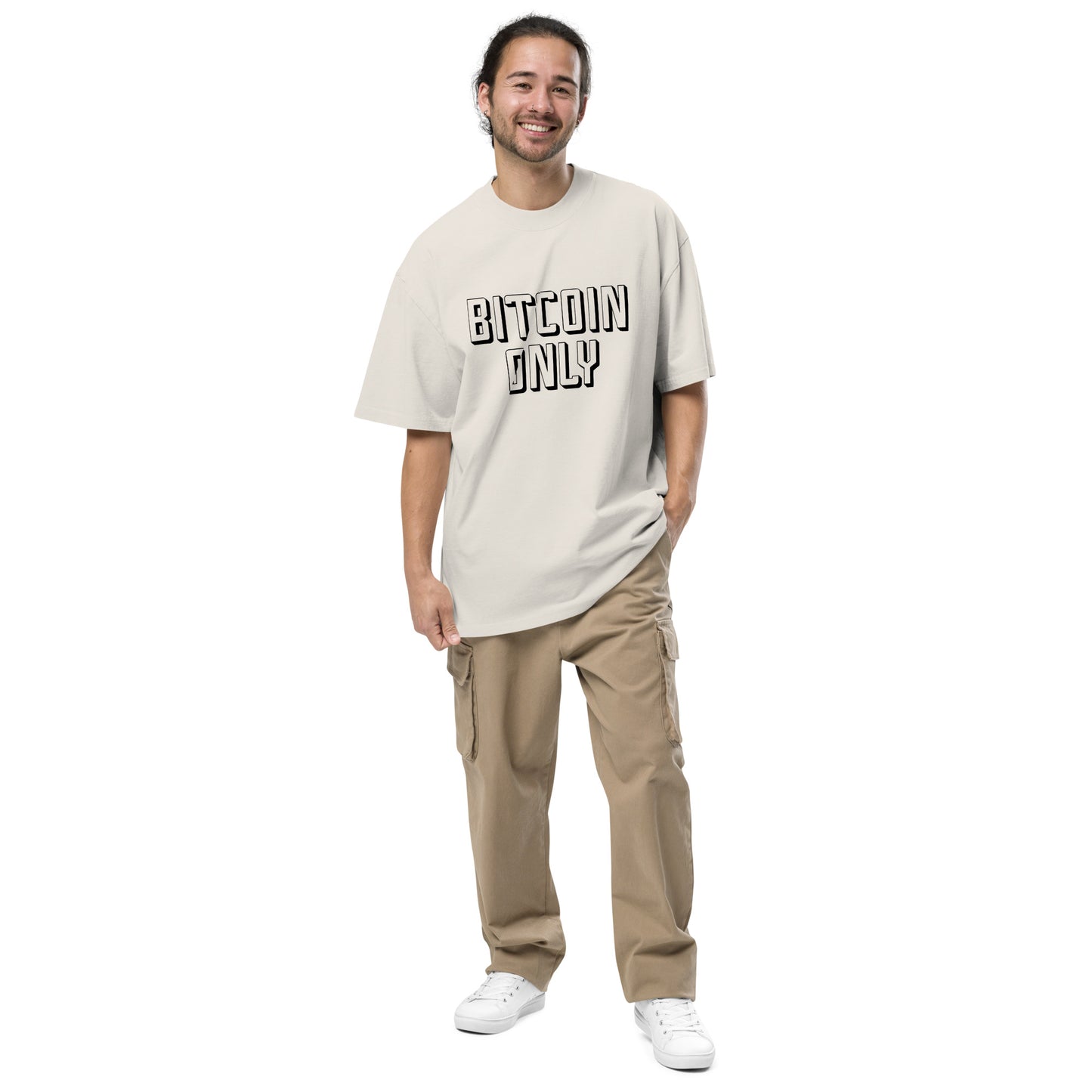 Person wearing a beige t-shirt with 'BITCOIN ONLY' text on a white background