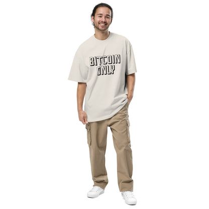 Person wearing a beige t-shirt with 'BITCOIN ONLY' text on a white background
