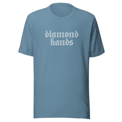 Blue t-shirt with 'diamond hands' text on a white background