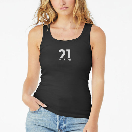 Black tank top with '21 MILLION' text worn by a person on a white background