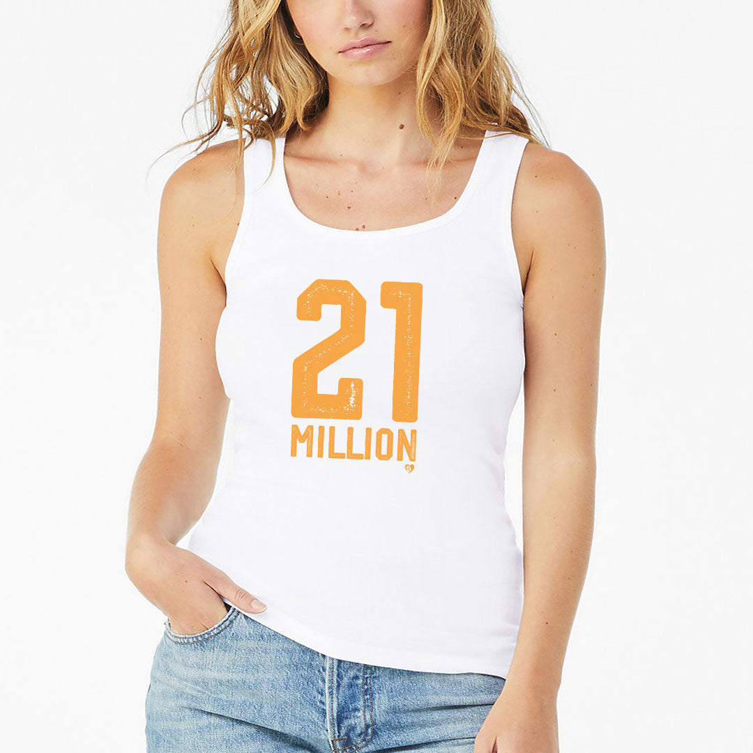 Person wearing a white tank top with '21 MILLION' printed in orange.