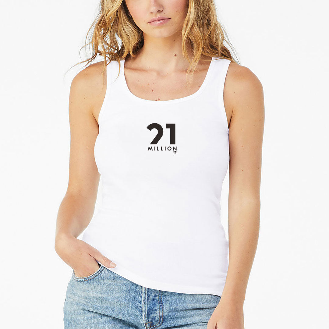 Person wearing a white tank top with '21 Million' logo on a plain background