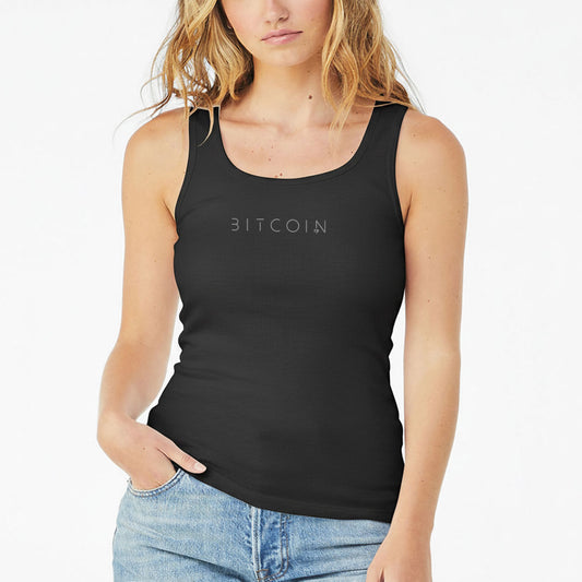 Person wearing a black tank top with 'BITCOIN' text on a white background