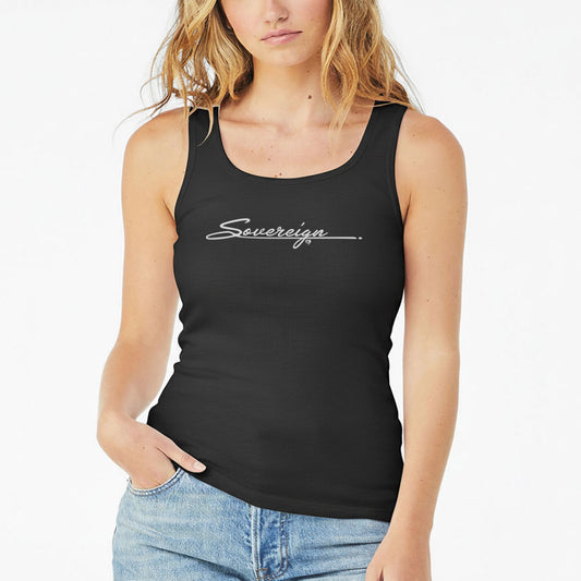 Person wearing a black tank top with 'Sovereign' text on a white background