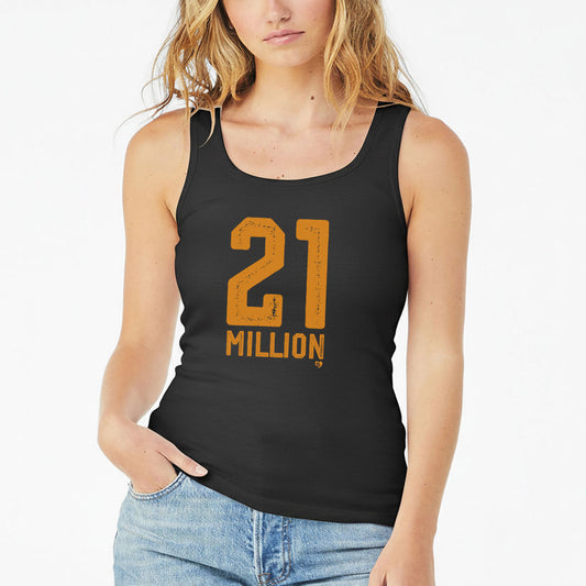 Black tank top with '21 MILLION' printed in yellow on a white background