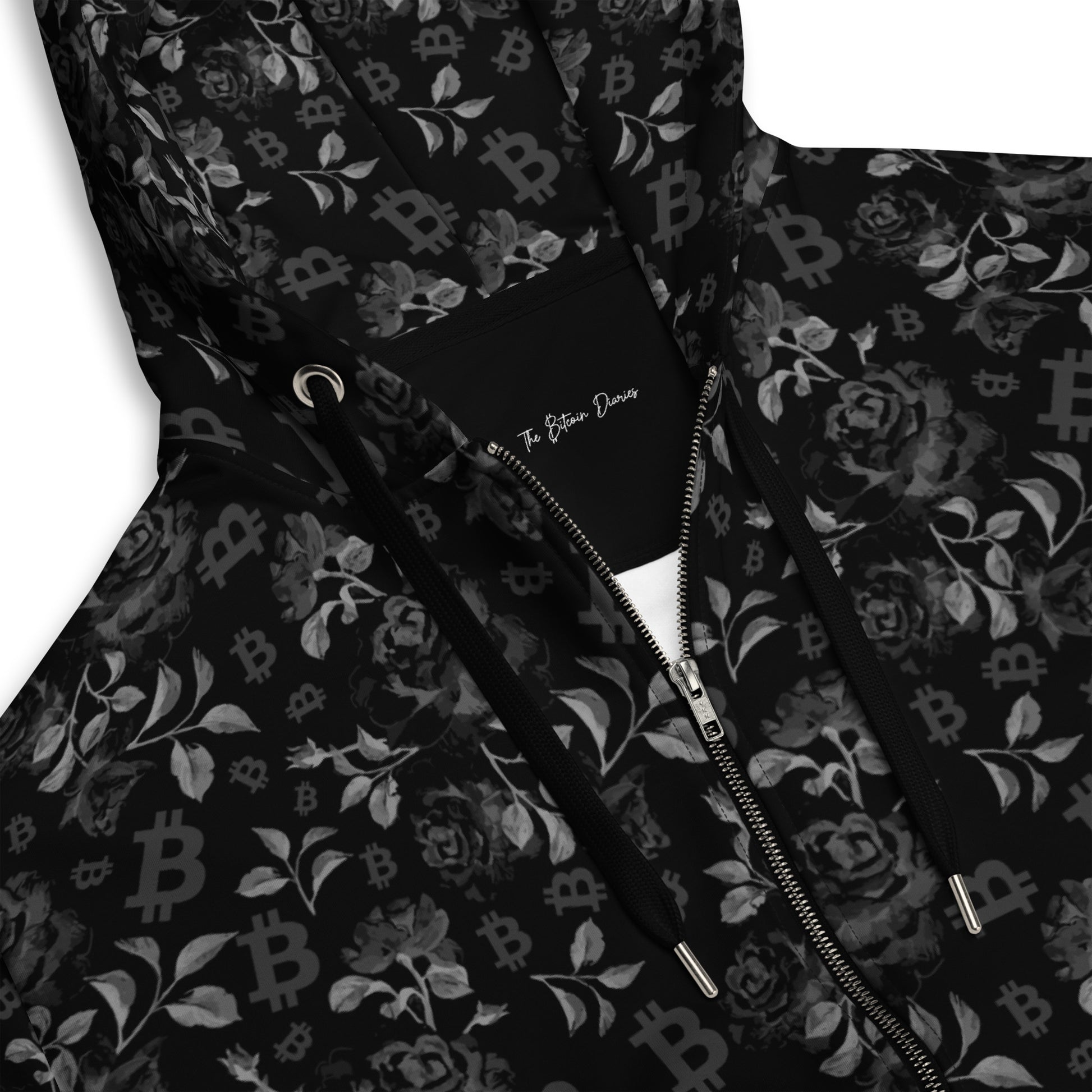 Black hoodie with Bitcoin and floral pattern on a white background