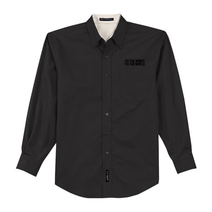 Arregla el dinero. Arregla el mundo. Hecho. Camisa de manga larga con cuello.