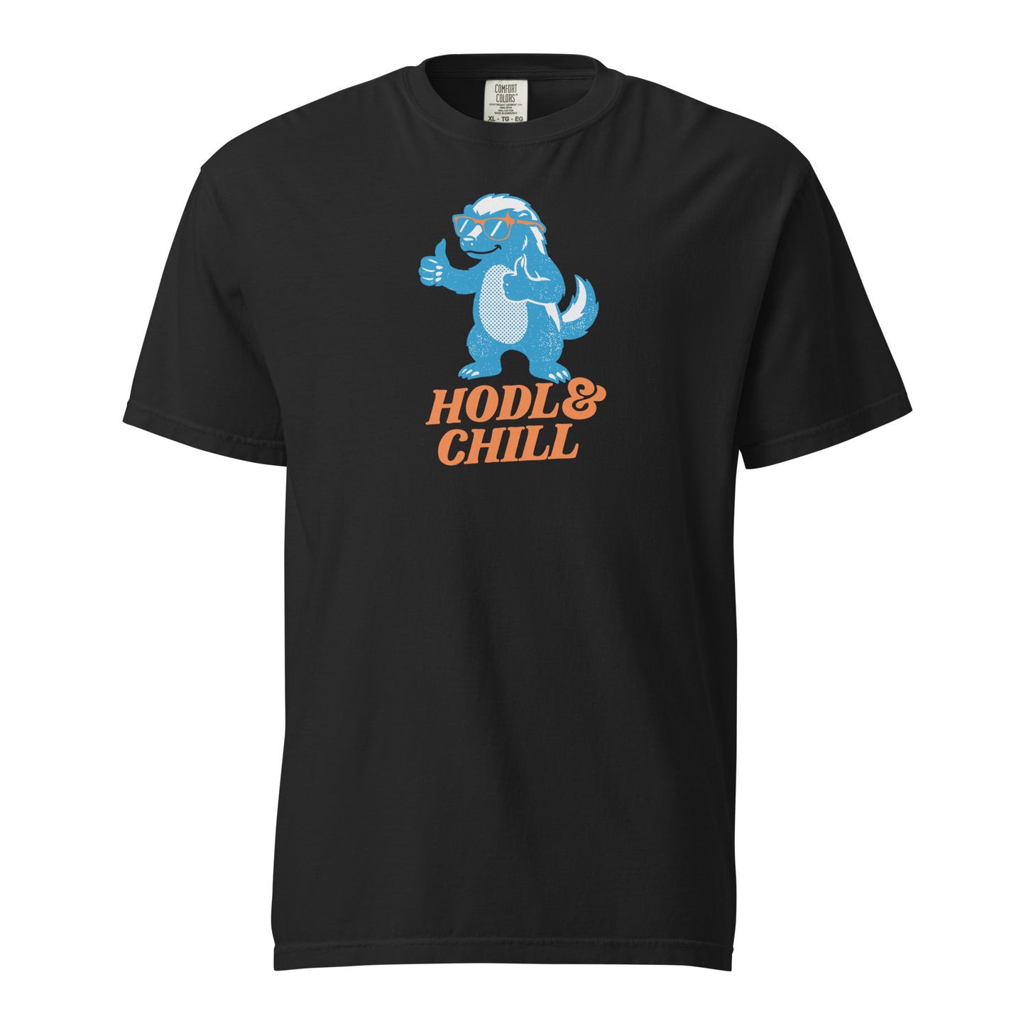 Black t-shirt with a honey badger graphic and 'HODL & CHILL' text on a white background