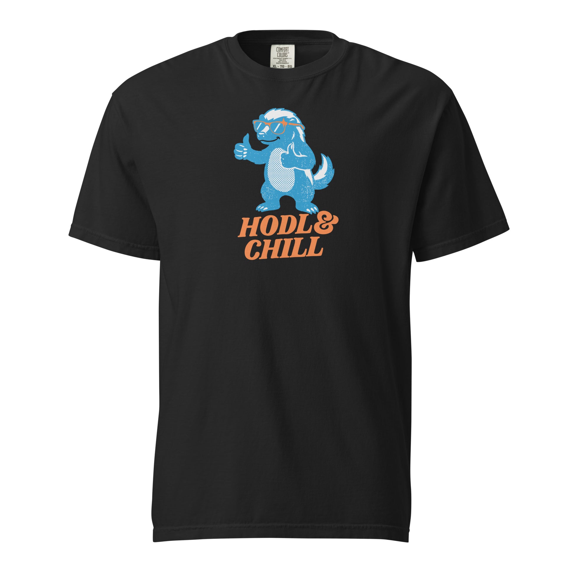Black t-shirt with a honey badger graphic and 'HODL & CHILL' text on a white background