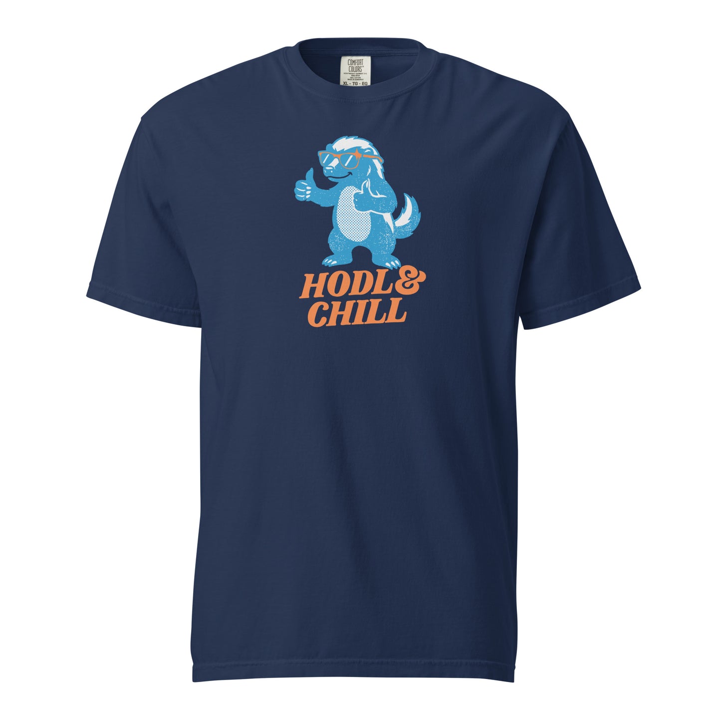 Navy blue t-shirt with a honey badger graphic and 'HODL & CHILL' text on a white background