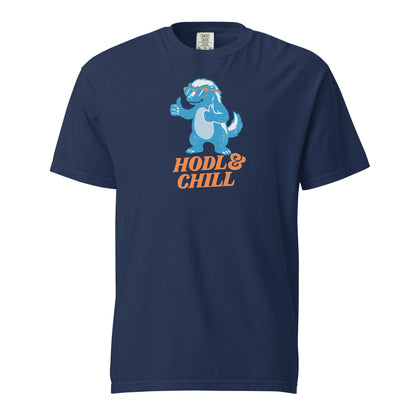 Navy blue t-shirt with a honey badger graphic and 'HODL & CHILL' text on a white background