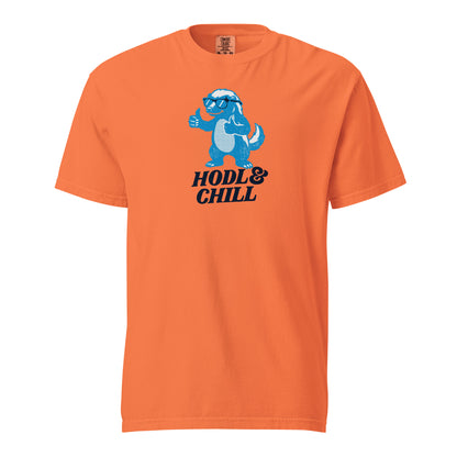 Orange t-shirt with a graphic of a blue honey badger and 'HODL & CHILL' text on a white background