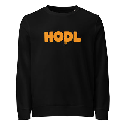 Black sweatshirt with 'HODL' printed in orange on a white background