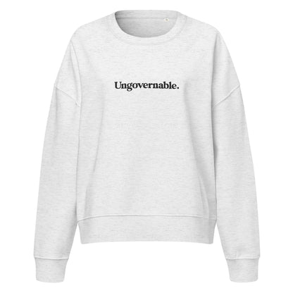 Gray sweatshirt with 'Ungovernable' text on a white background