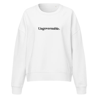 White sweatshirt with 'Ungovernable' text on a white background