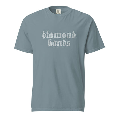Gray t-shirt with 'diamond hands' text on a white background