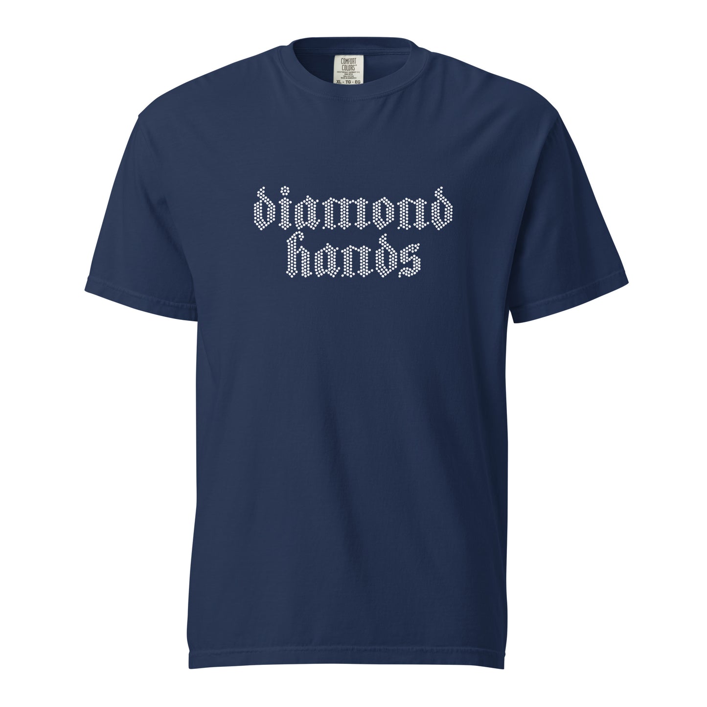 Navy blue t-shirt with 'diamond hands' text on a white background