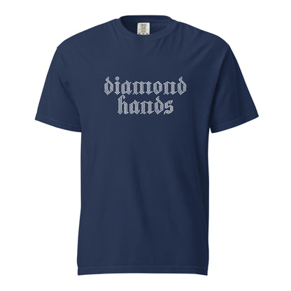 Navy blue t-shirt with 'diamond hands' text on a white background