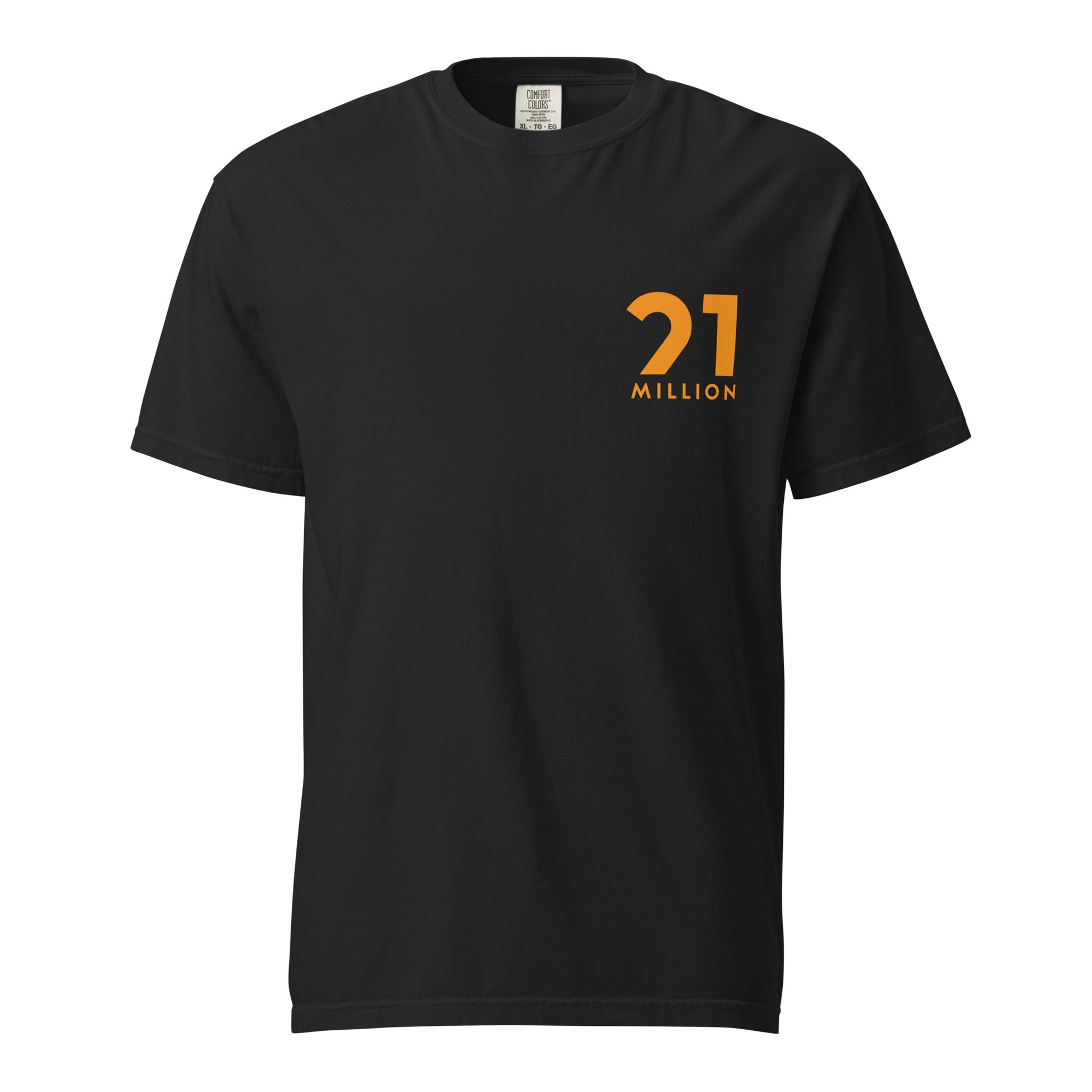 Black t-shirt with '21 Million' logo on a white background