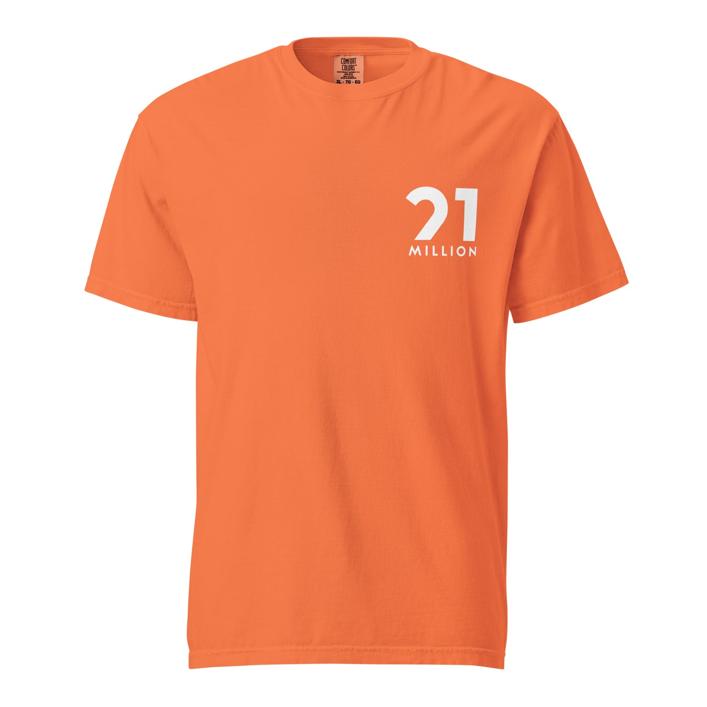 Orange t-shirt with '21 Million' logo on a white background