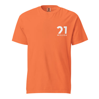 Orange t-shirt with '21 Million' logo on a white background