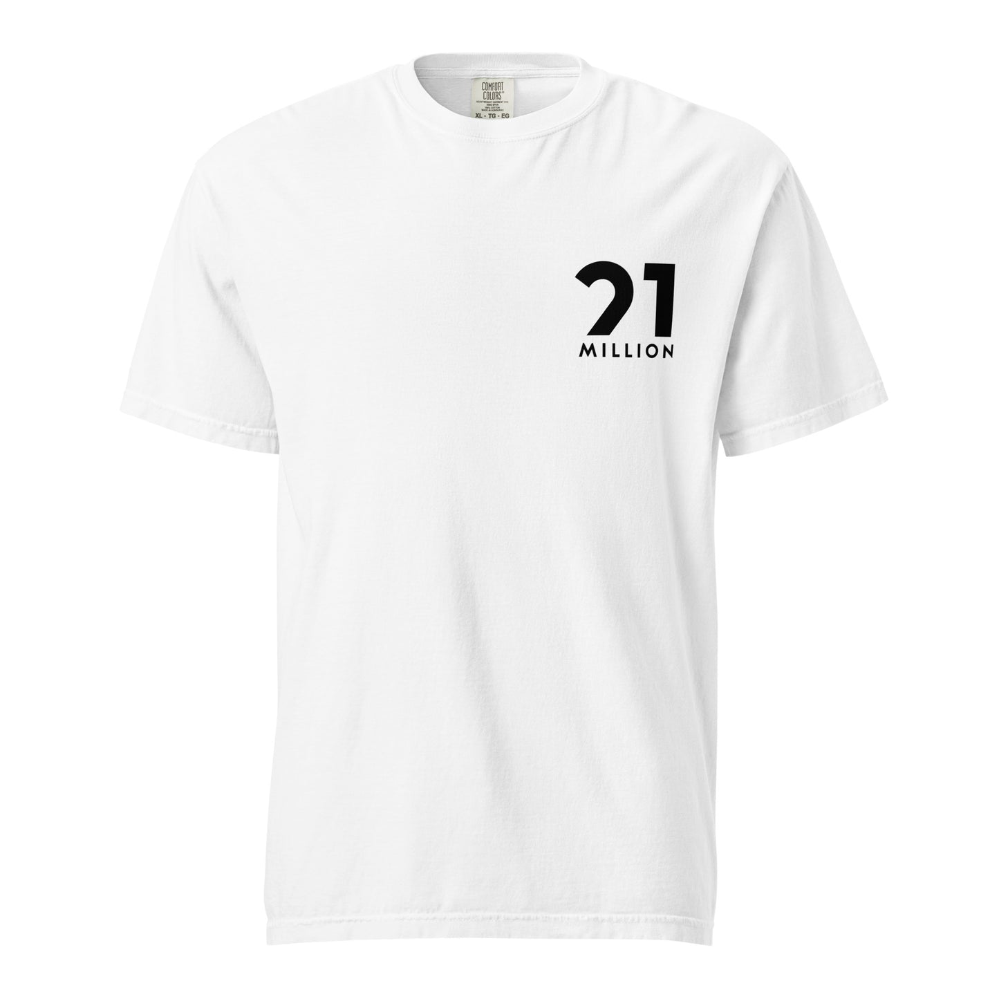 White t-shirt with '21 MILLION' text on a white background