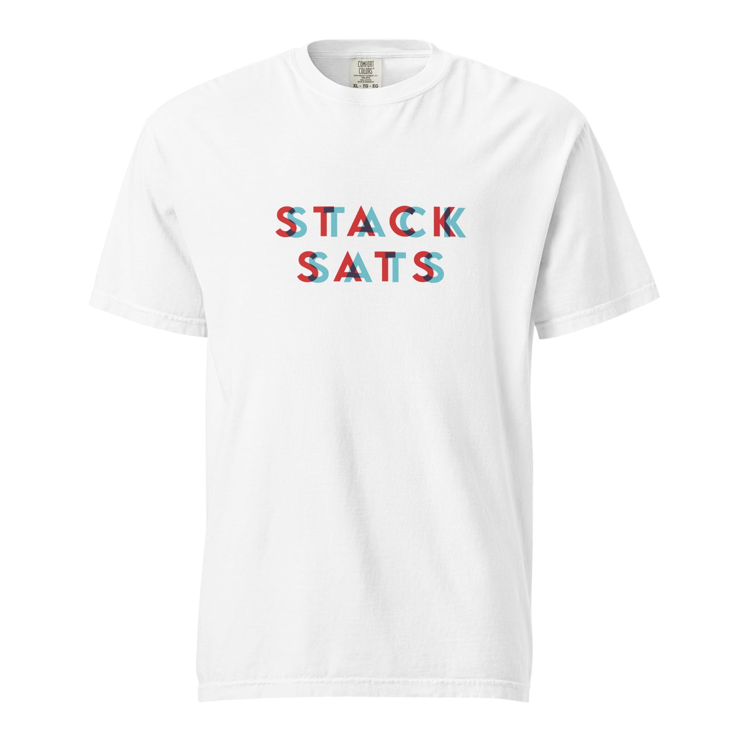 White t-shirt with colorful text 'STACK SATS' on a white background