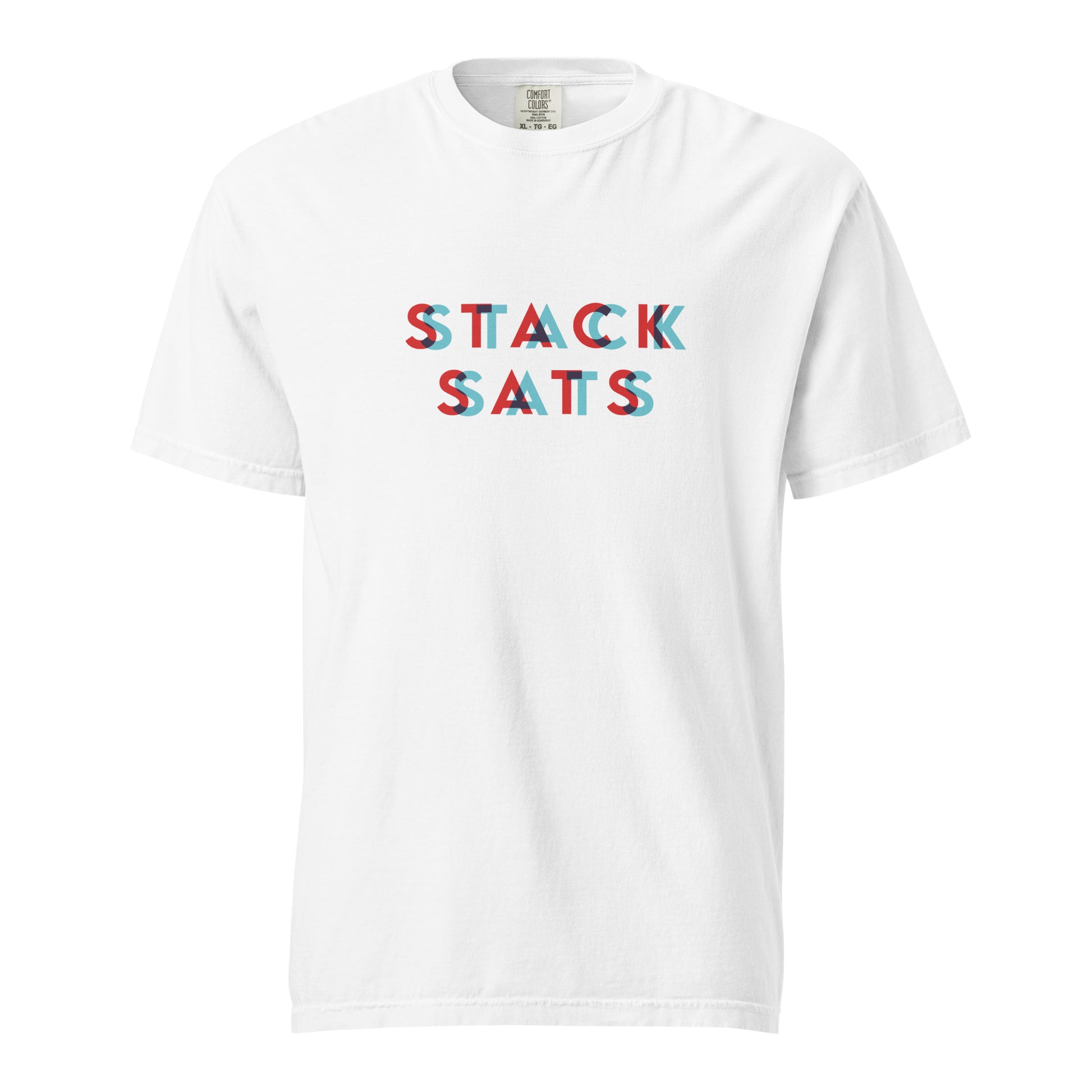 White t-shirt with colorful text 'STACK SATS' on a white background