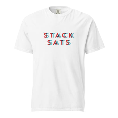 White t-shirt with colorful text 'STACK SATS' on a white background