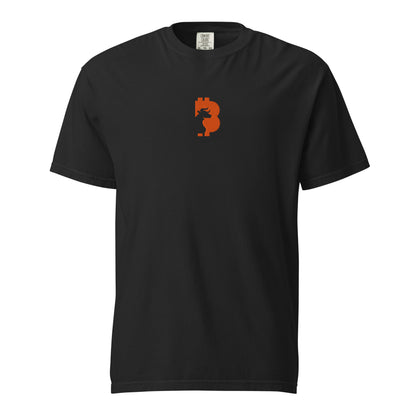 Black t-shirt with an orange bitcoin bull logo on a white background
