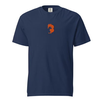 Navy blue t-shirt with an orange bitcoin bull logo on a white background