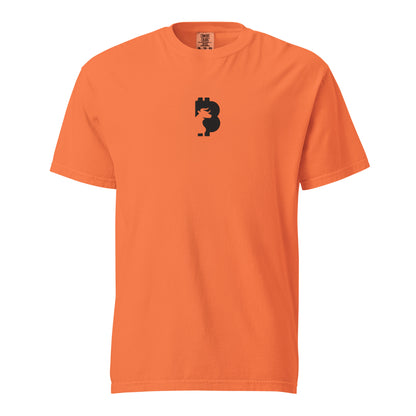 Orange t-shirt with a black bitcoin bull logo on a white background