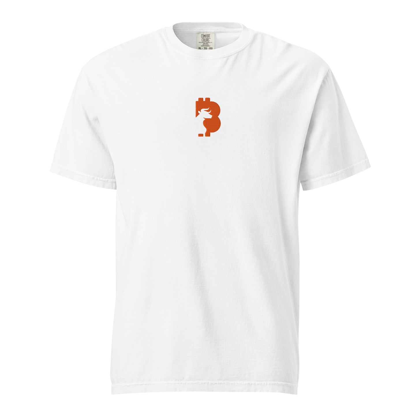 White t-shirt with a orange bitcoin bull logo on a white background