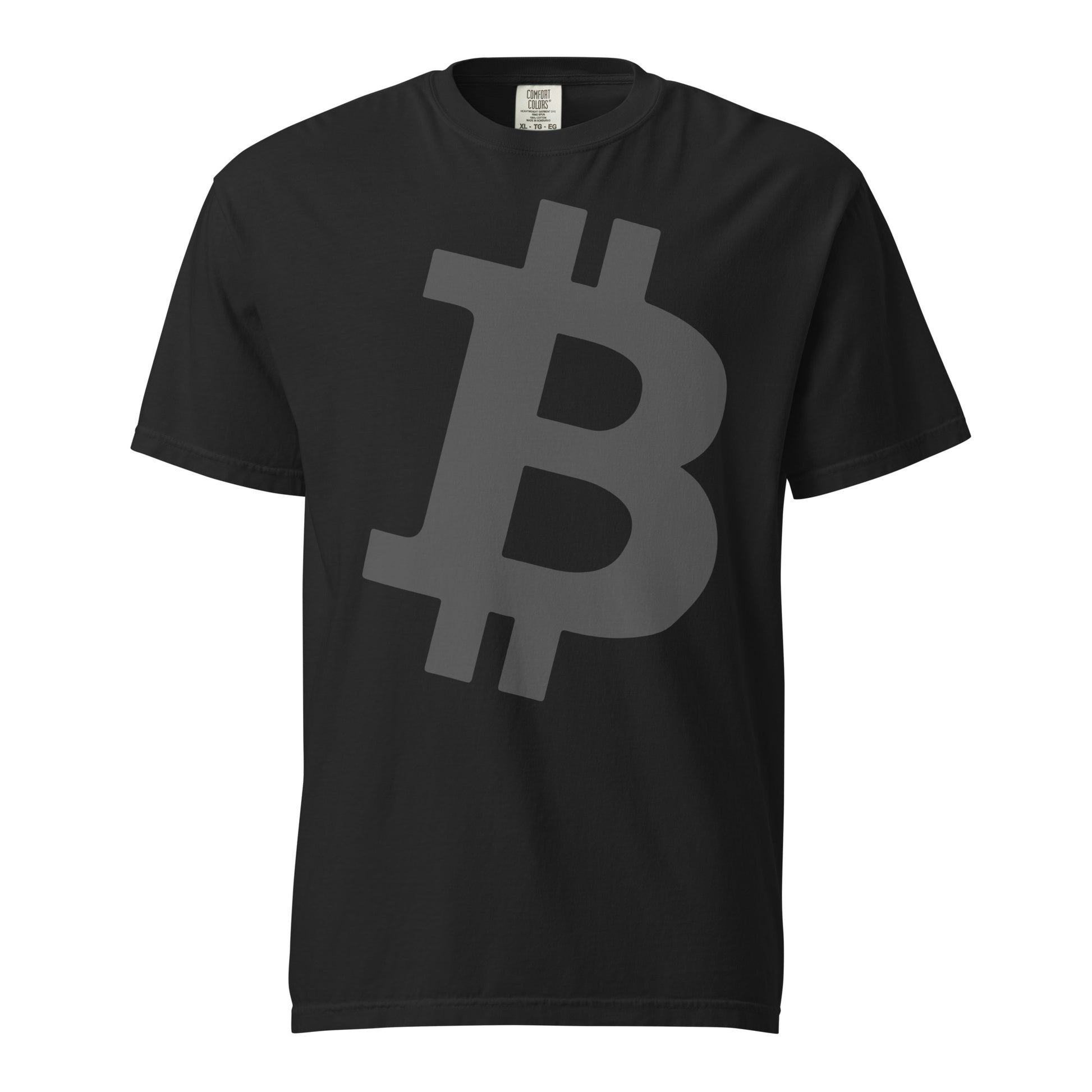 Black t-shirt with massive big Bitcoin logo on a white background