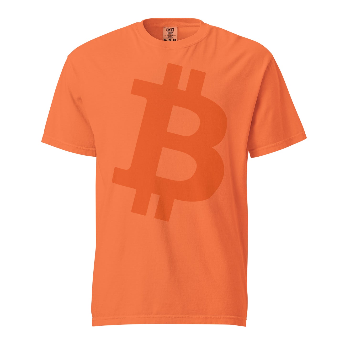 Orange t-shirt with massive big Bitcoin symbol on a white background