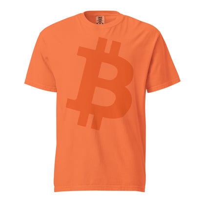 Orange t-shirt with massive big Bitcoin symbol on a white background