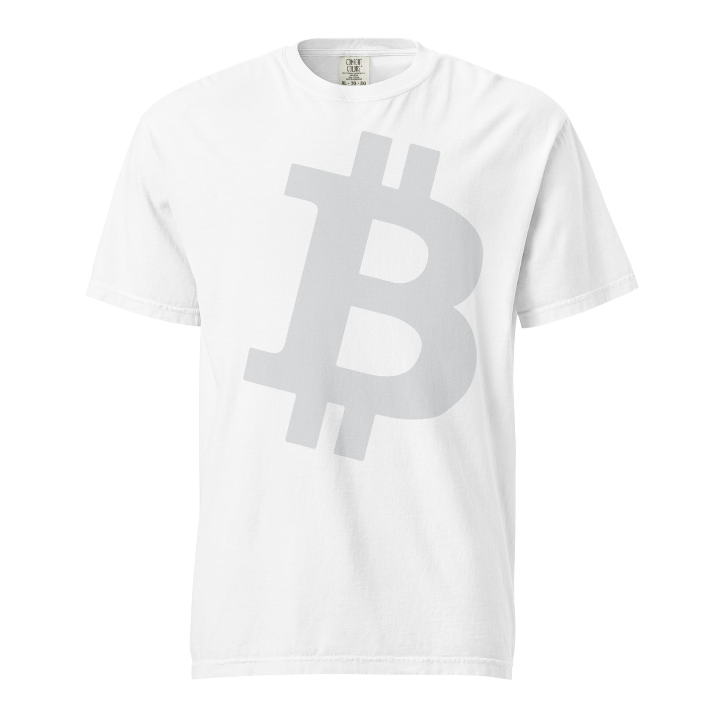 White t-shirt with massive big Bitcoin symbol on a white background