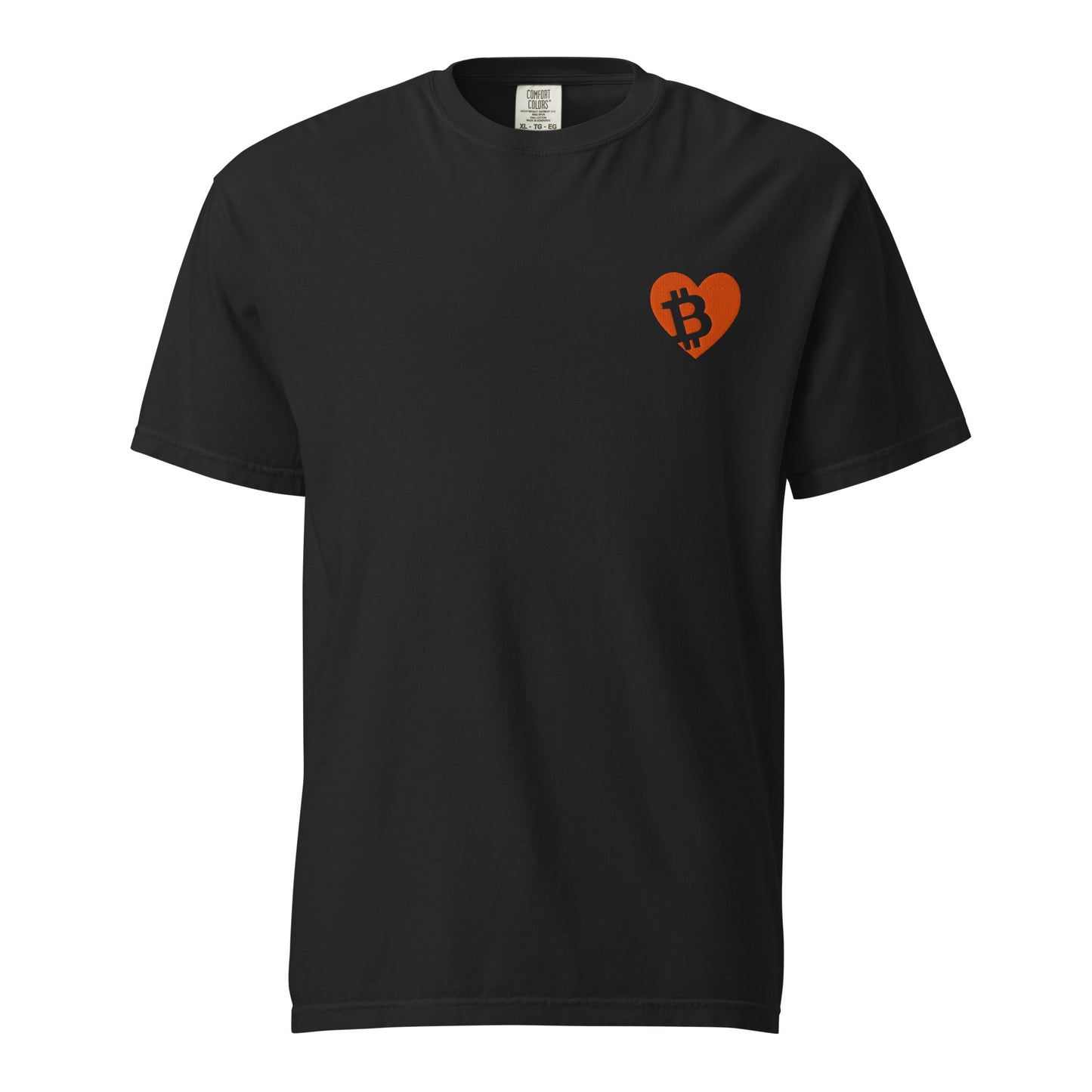 Black t-shirt with a orange heart and Bitcoin symbol on a white background