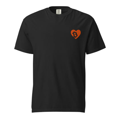 Black t-shirt with a orange heart and Bitcoin symbol on a white background