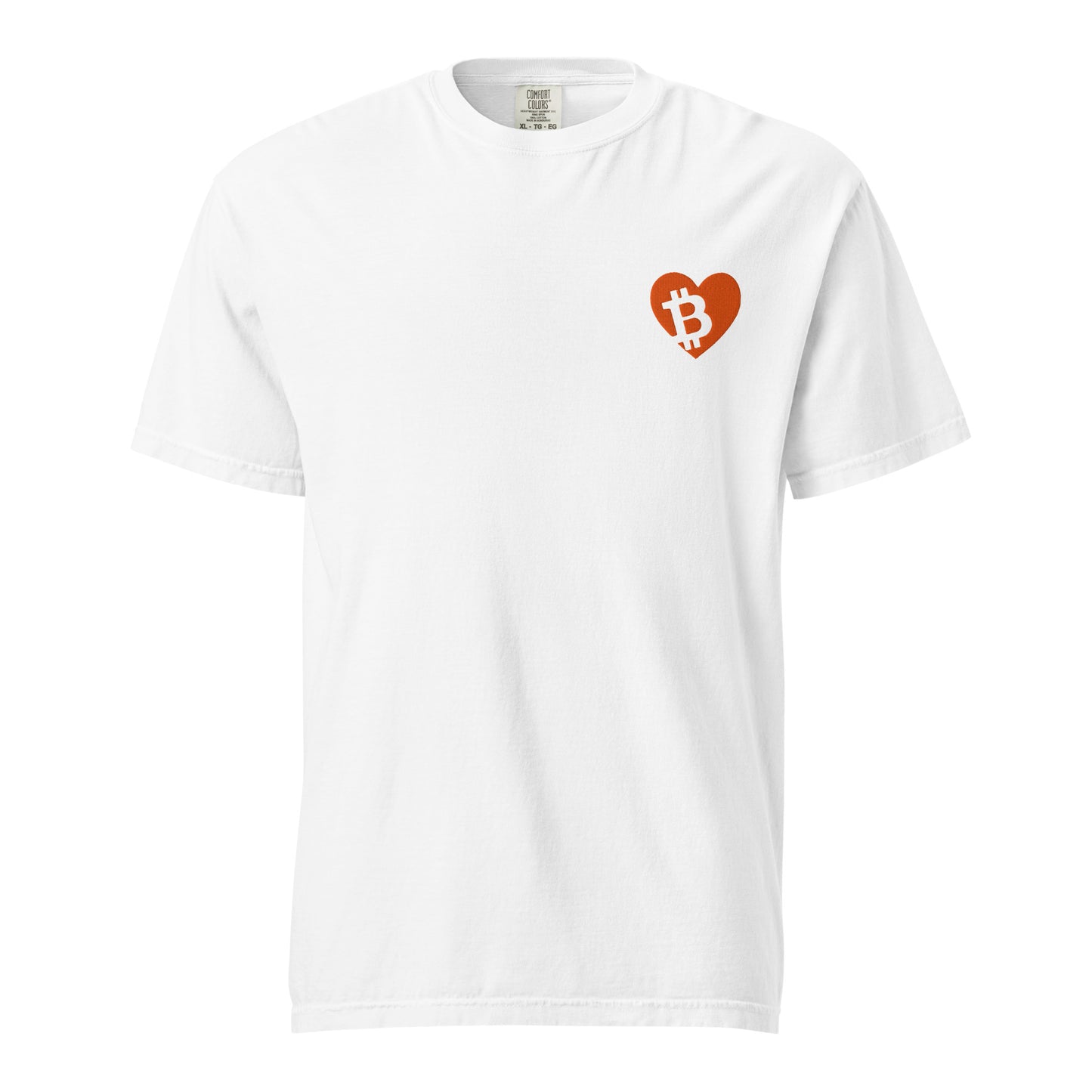 White t-shirt with a orange heart and Bitcoin symbol on a white background