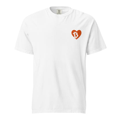 White t-shirt with a orange heart and Bitcoin symbol on a white background