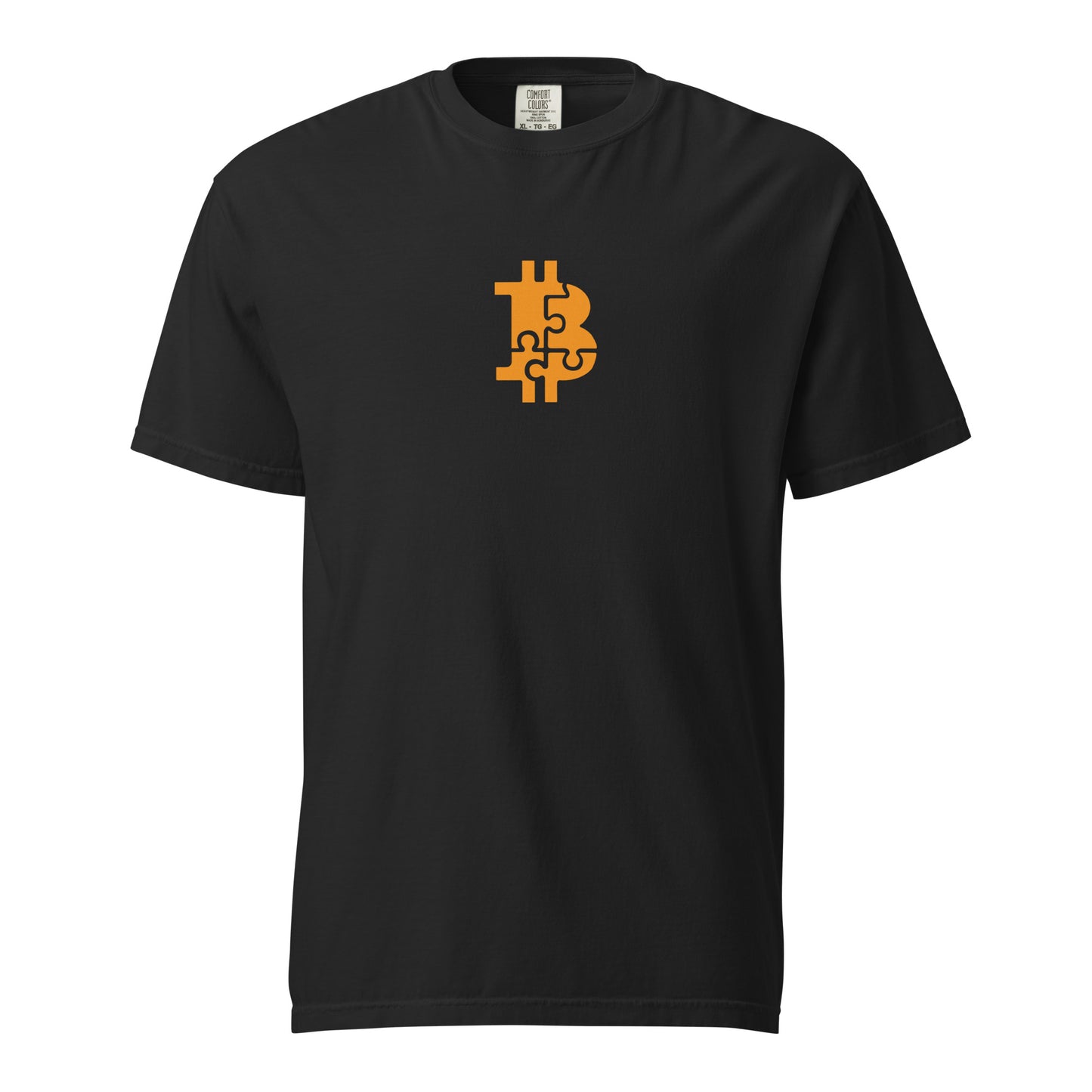Black t-shirt with a yellow Bitcoin logo on a white background