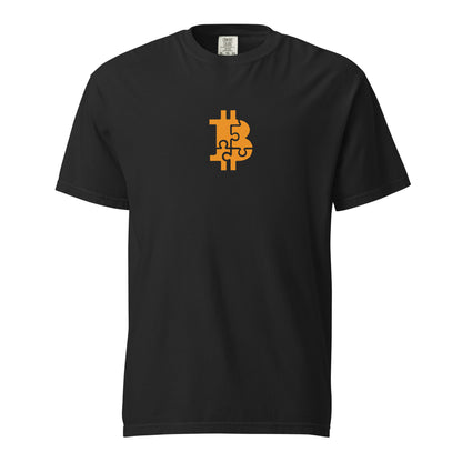 Black t-shirt with a yellow Bitcoin logo on a white background