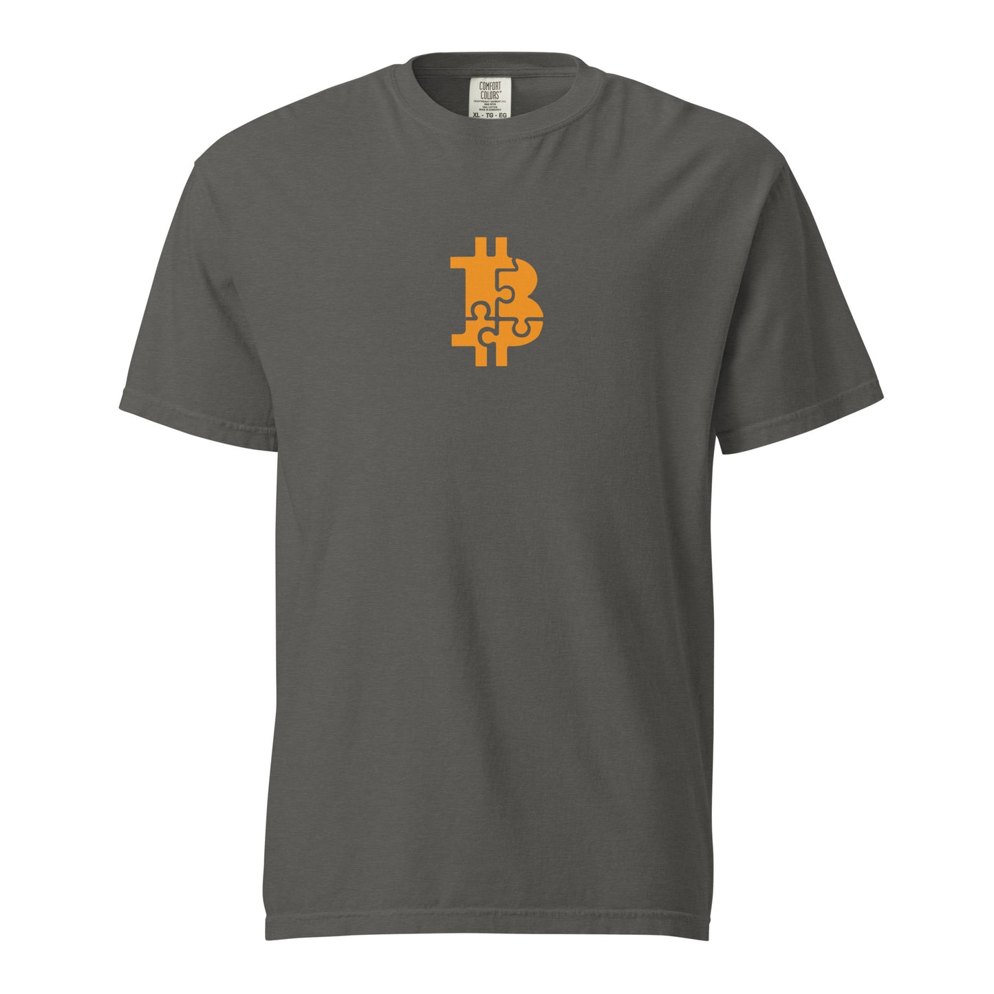 Gray t-shirt with a gold Bitcoin logo on a white background