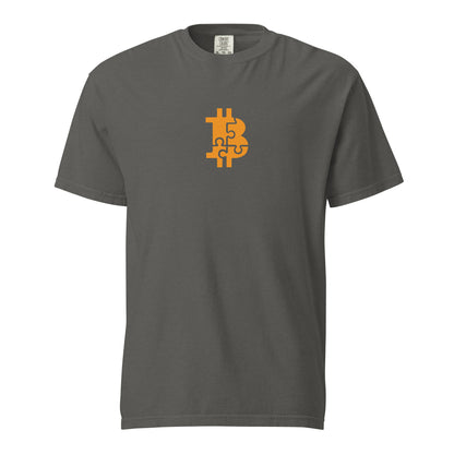 Gray t-shirt with a gold Bitcoin logo on a white background