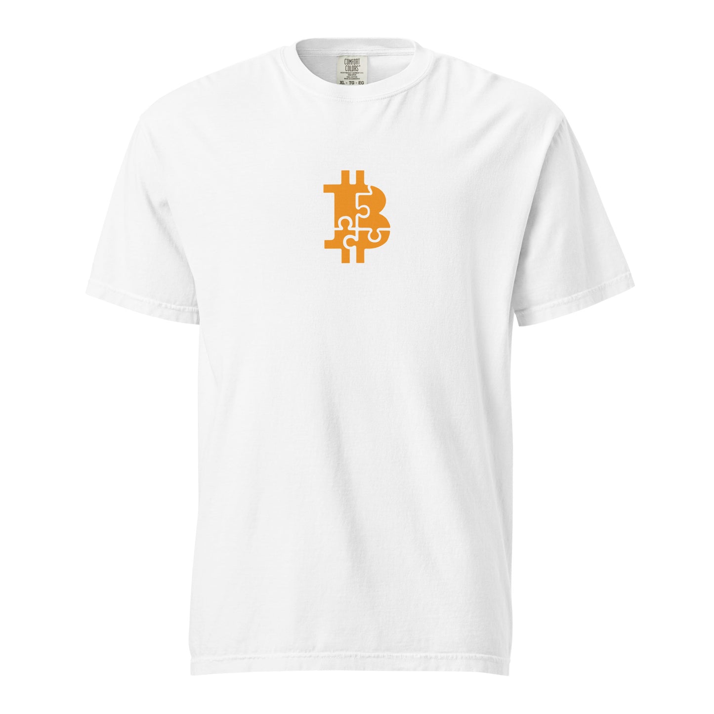 White t-shirt with Bitcoin logo on a white background